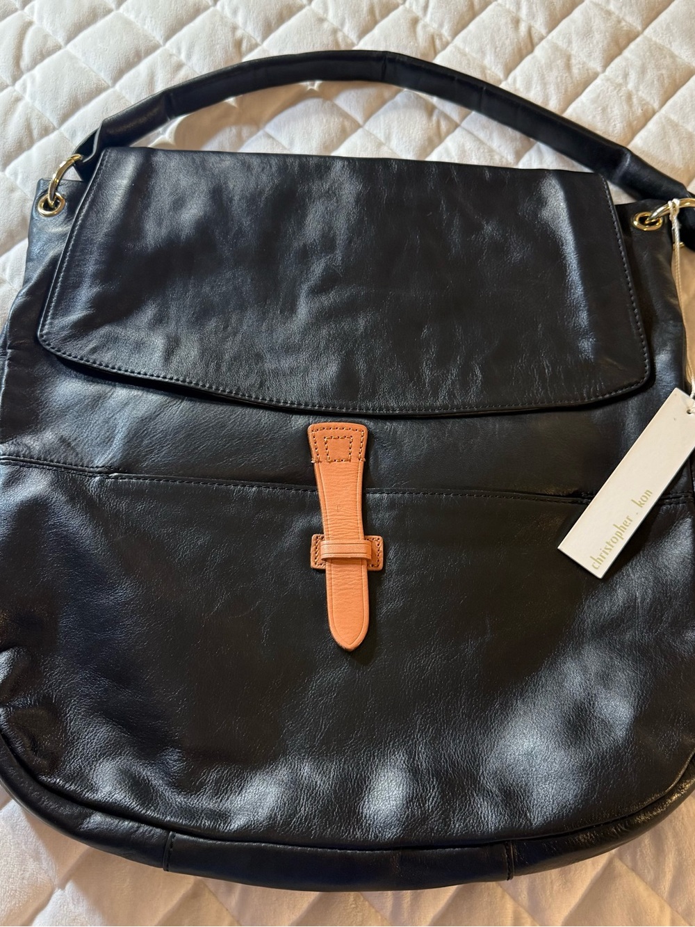 NWT Christopher Kon Black Genuine Leather Slouch Hobo Shoulder Bag Braided Strap